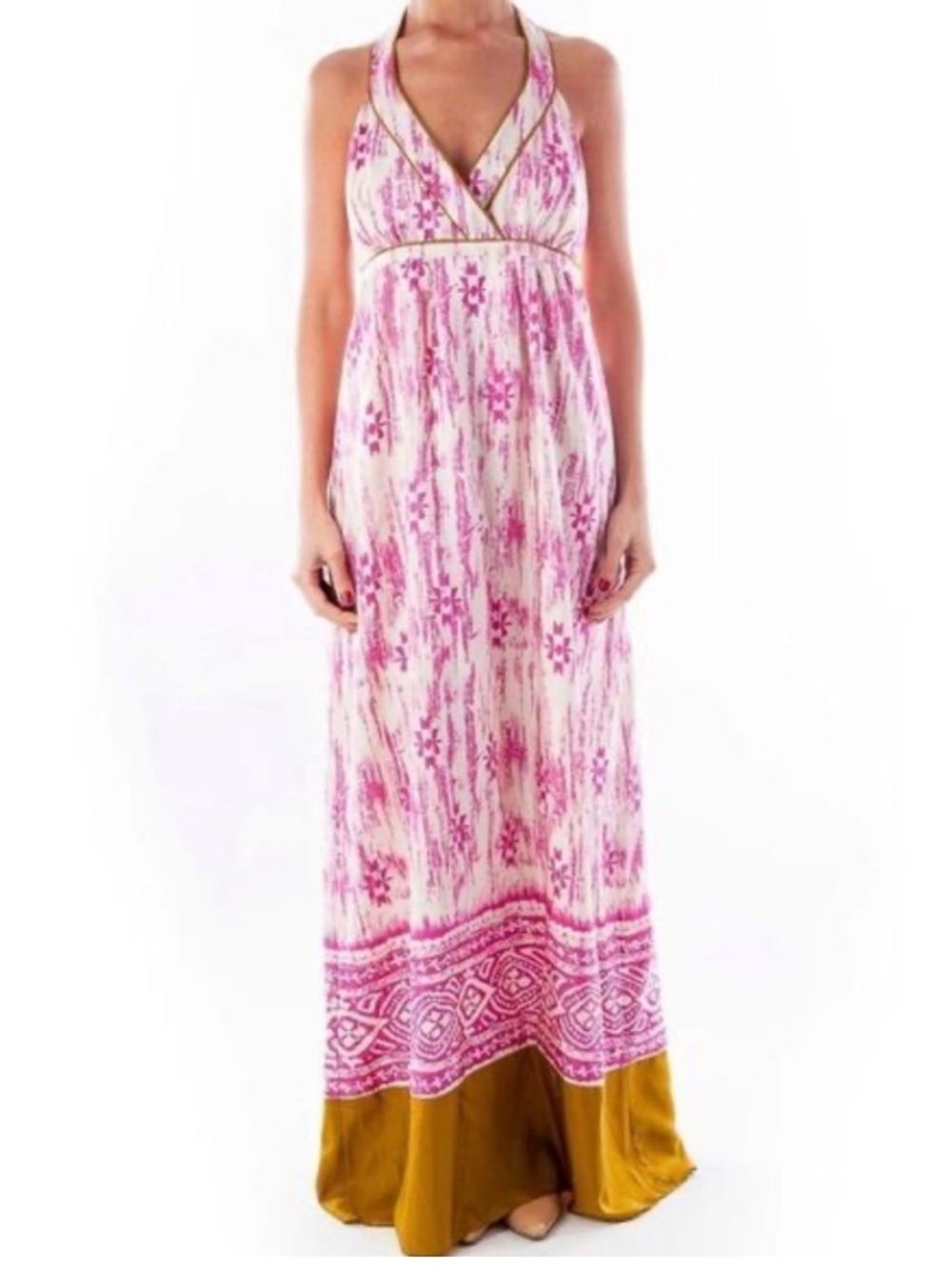 Ann Taylor LOFT 100% Silk Cross Back Maxi Dress Size 2 Pink Cream Boho